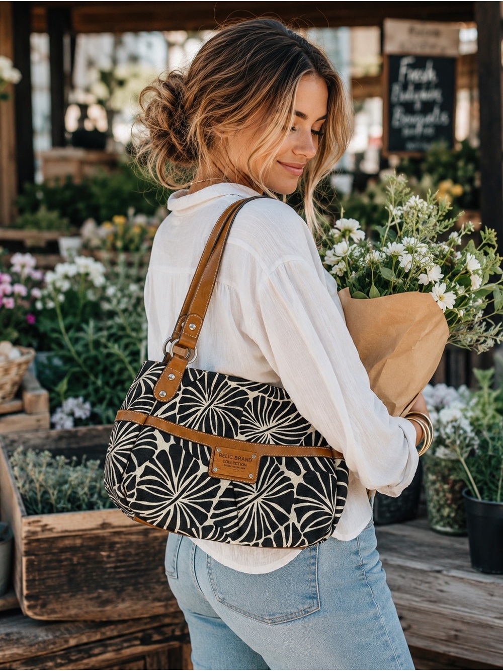 Relic Brand Black Cream Floral Canvas Satchel Shoulder Bag Faux Leather